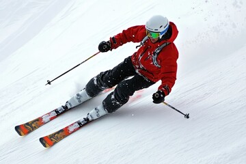 Skier wearing red jacket skiing downhill on snowy slope