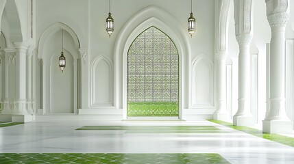 Fototapeta premium Elegant White Mosque Interior With Green Accents