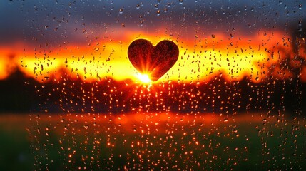Heart-shaped sun glowing softly on a foggy wet window spattered with raindrops, overlooking a sunset-drenched city in orange, yellow, and red hues, with room for text
