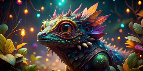 Fototapeta premium Photorealistic Enchanted Creature Fantasy Art, Vibrant Colors, Magical Being, Mythical Creature, Fantasy Photography