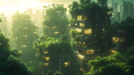 Obraz premium Futuristic City Buildings Overgrown With Lush Green Trees