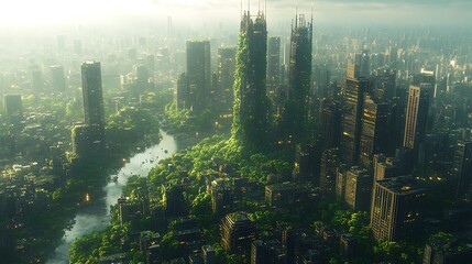 Naklejka premium Futuristic City Reclaimed By Nature Lush Greenery Overgrown Buildings