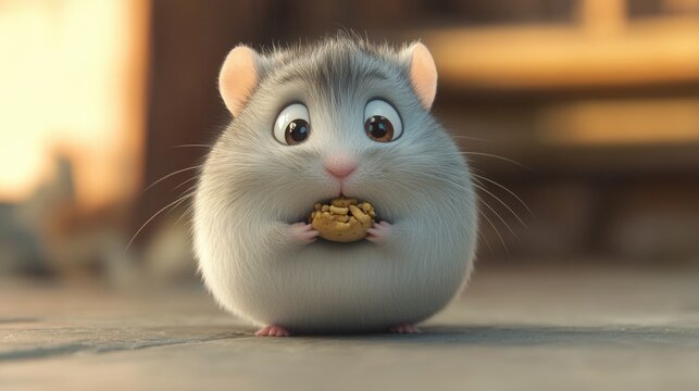 a chubby hamster with puffed-up cheeks full of food, staring with wide eyes in a moment of surprise. 