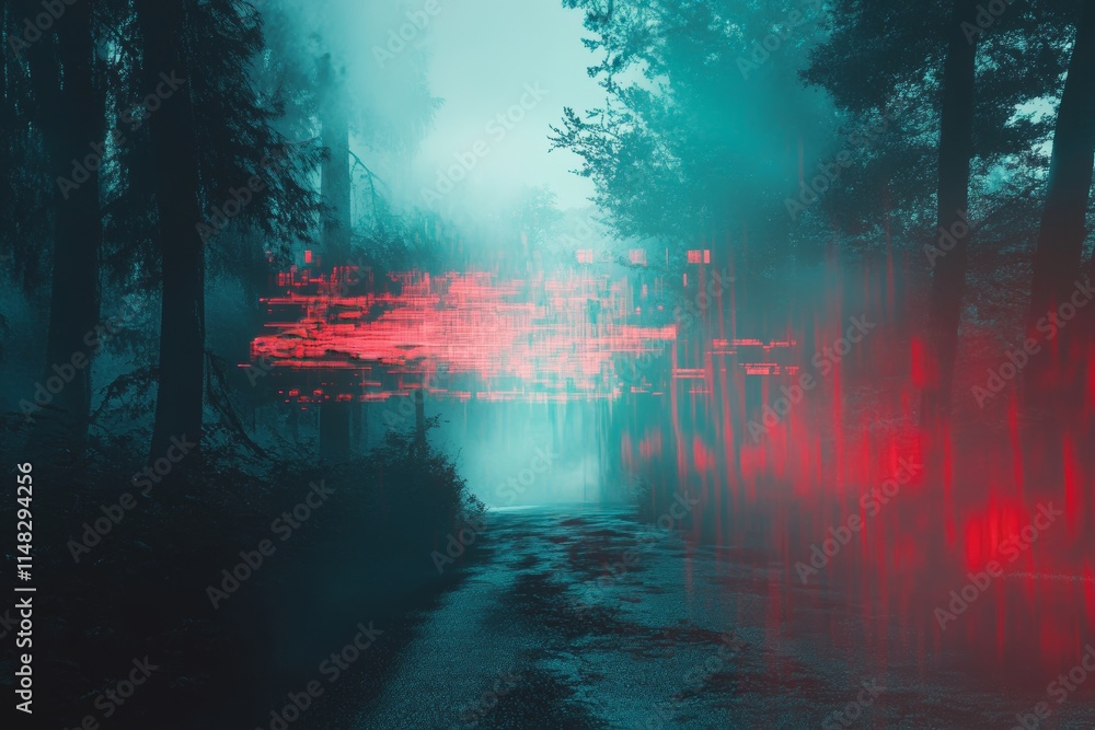 Poster a surreal forest scene with a digital glitch effect and red neon light, creating an eerie and futuri