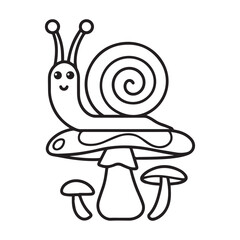 Coloring page with cute snail and mushrooms in grass for kids, kawaii black and white cartoon insects themed educational worksheet for print, game for preschoolers