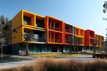 Modern colorful apartment complex with balconies and green landscaping