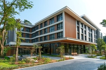 Fototapeta premium Modern hotel building with landscaping and trees on sunny day