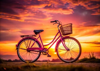 Fototapeta premium Pink Bike Silhouette with Basket, Sunset Silhouette Cycling, Bicycle Silhouette Photography, Pink Bicycle Basket Silhouette
