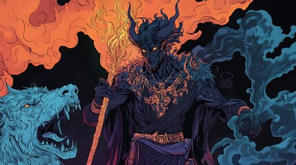 Fototapeta premium Intricate Illustration of Hades with Shadowy Flames and Ill Effects