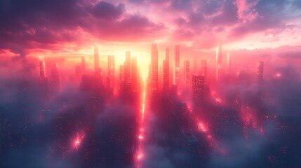 Fototapeta premium Futuristic Cityscape at Sunset Glowing Red