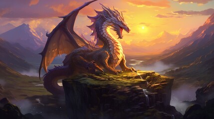 Dragon soaring over a mountain sunset with vibrant colors