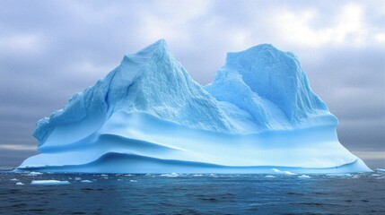 Majestic blue iceberg floats in ocean under cloudy sky.