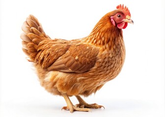 Fototapeta premium Adorable brown hen, miniature size, isolated on white; tilt-shift farm photography.