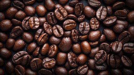 Naklejka premium Close-up of roasted coffee beans on dark surface