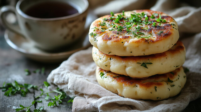 Herb-Infused Bannock Bread Stack with a Cup of Tea