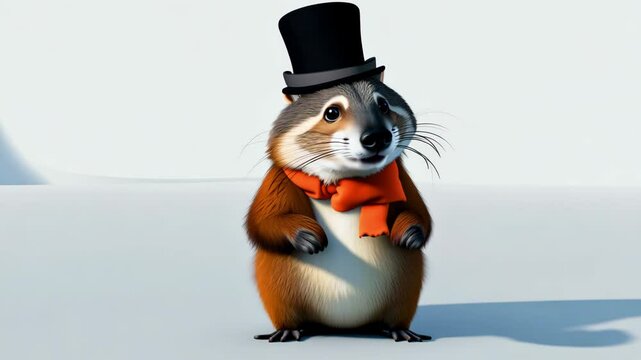 Cute marmot wearing a top hat on his head among the forest on a sunny day And sings songs. zoom in, zoom out, pan or make 360 photo, animate, pan right