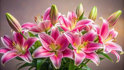 Fototapeta premium Pink Lily Flowers, Beautiful Pink Lilies Bouquet, Delicate Pink Lily Blooms, Stunning Pink Lily Photography, Elegant Pink Lily Images, Pretty Pink Lilies Pictures