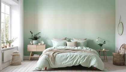 Serene Bedroom with Mint Green Ombr? Wall and Soft Bedding