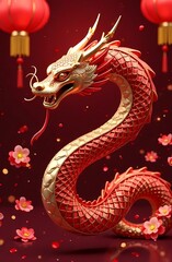 Fototapeta premium Lunar New Year celebration 2025: Snake zodiac design with floral motifs, lanterns and red and gold elements. Chinese Dragon