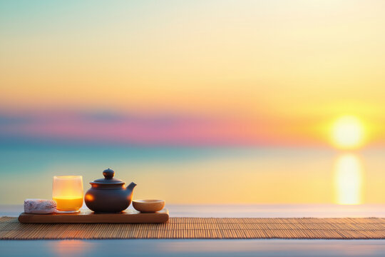 Serene tea set on mat with sunset background