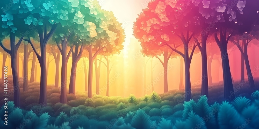 Poster enchanting fantasy forest with colorful trees and sunlight, creating a magical and serene atmosphere