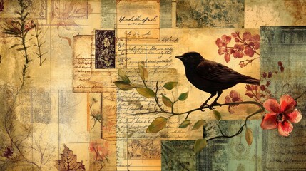 Layered vintage collage with textured elements like aged postcards, old letters, and faded patterns combining into a timeless and artistic piece