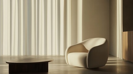 Minimalist modern room with sleek, open decor. Featuring clean lines and neutral colors