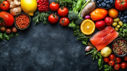Flat lay of vibrant fruits and vegetables on dark background
