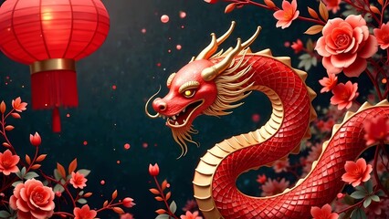 Fototapeta premium Lunar New Year celebration 2025: Snake zodiac design with floral motifs, lanterns and red and gold elements. Chinese Dragon