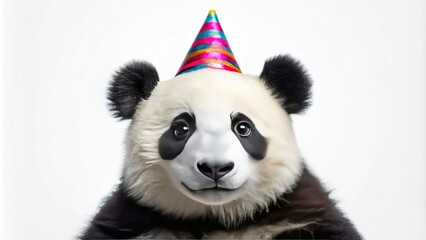 Obraz premium Adorable panda dons a birthday hat, a charming AI-generated image perfect for celebrations.