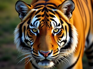 Obraz premium Colorful tiger prowls through lush green habitat during warm daylight