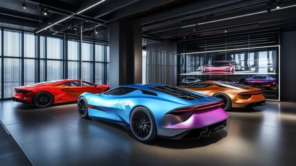 Modern cars elegantly arranged in an industrial showroom, showcasing sleek designs and advanced technology, embodying innovation and automotive excellence