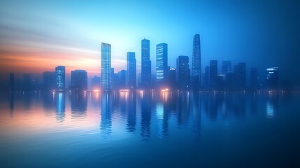 Obraz premium Futuristic Skyscraper Skyline at Dusk Over Calm Water Reflection