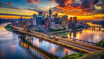 Fototapeta premium Pittsburgh Steel City Bridges Train Panorama Downtown Skyline Photography