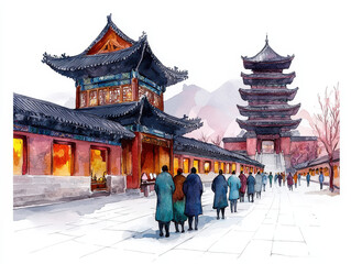 Fototapeta premium People walking at traditional temple in watercolor art style