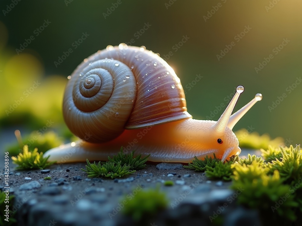 Poster snail explores the garden during golden hour with dew on its shell and surrounding moss