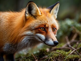 Obraz premium Fox explores forest floor during early morning light