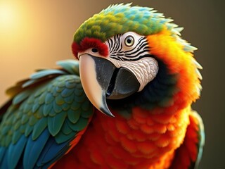 Fototapeta premium Vibrant macaw perched gracefully against a soft background in warm sunlight