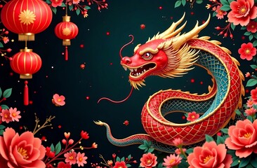 Obraz premium Lunar New Year celebration 2025: Snake zodiac design with floral motifs, lanterns and red and gold elements. Chinese Dragon