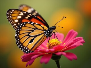 Obraz premium Monarch butterfly perched on vibrant pink flower in a sunny garden setting