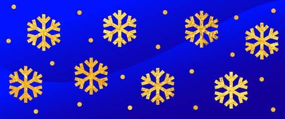 Set of golden snowflake icons with glitter on blue isolated background for design. Christmas illustration. Holiday christmas decoration. Flat snowflake icons, silhouette.