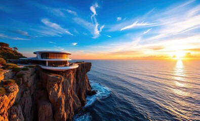 Futuristic cliff house, circular architecture, oceanfront property, dramatic coastal cliff, sunset over ocean, golden hour light, wispy clouds, blue sky, rocky coastline, modern luxury home, panoramic