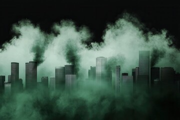 Obraz premium A dark city skyline shrouded in green smoke, creating a mysterious and atmospheric effect.