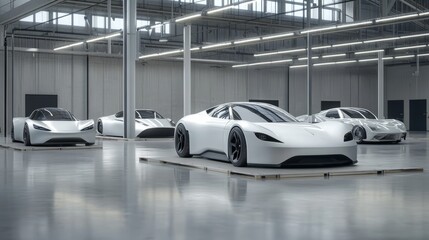 Fototapeta premium Modern cars elegantly arranged in an industrial showroom, showcasing sleek designs and advanced technology, embodying innovation and automotive excellence