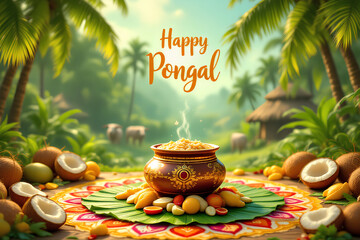 Happy Pongal Festival with Traditional Decorated Pot and Rangoli v.2