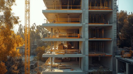Building construction site with golden hour lighting