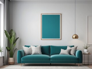 Fototapeta premium Bohemian Living Room Design With Teal Blue Sofa, blank poster frame