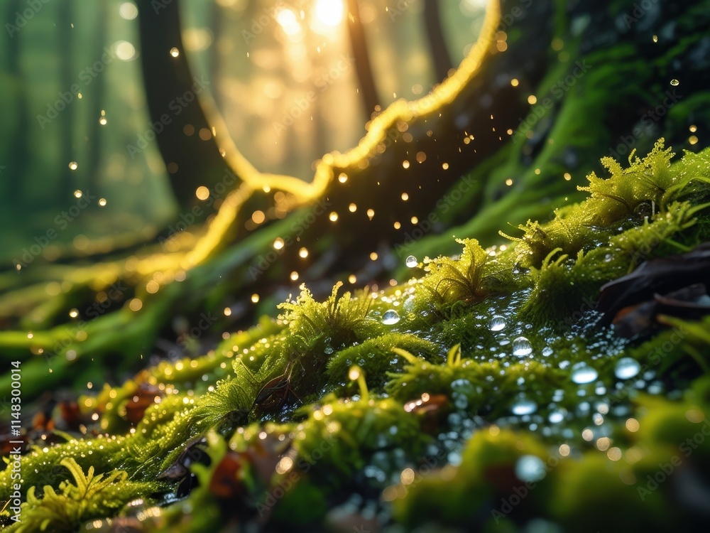 Poster sunlight filters through trees illuminating dewy moss in a serene forest setting