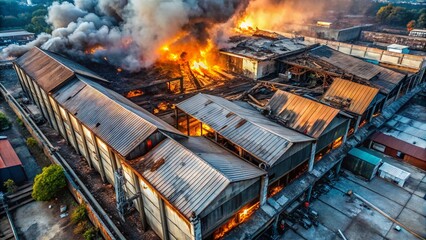 Post-Fire Industrial Ruin: Collapsed Concrete & Metal, Rule of Thirds Photography