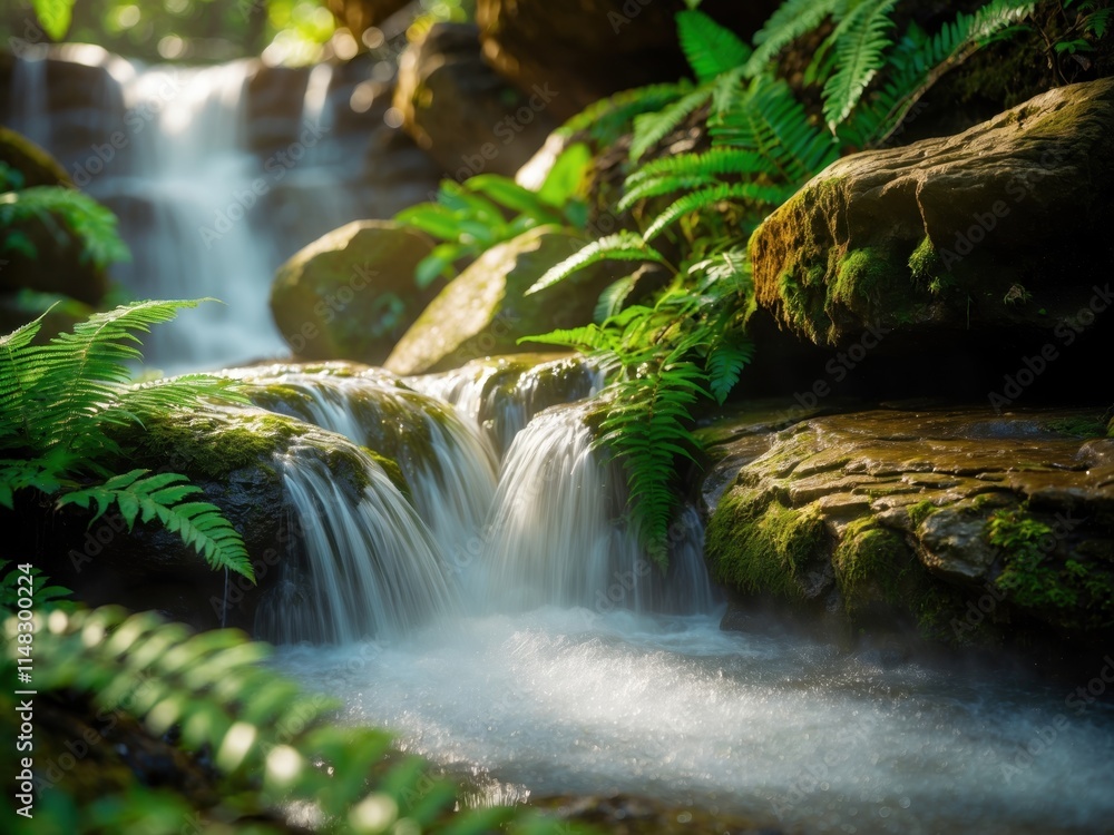 Poster tranquil waterfall cascading over rocks in a lush forest setting